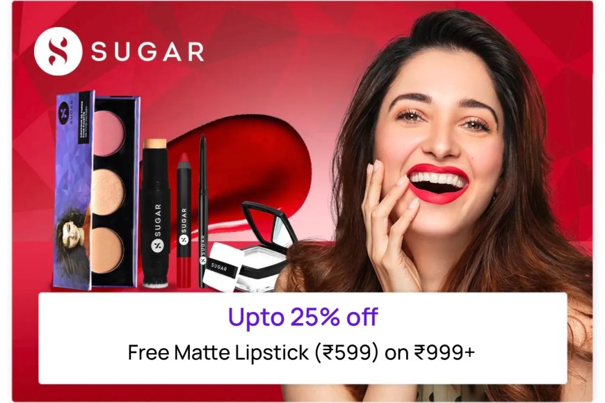 Up to 25% off + Free Lipstick on Rs. 999+ on Sugar Cosmetics