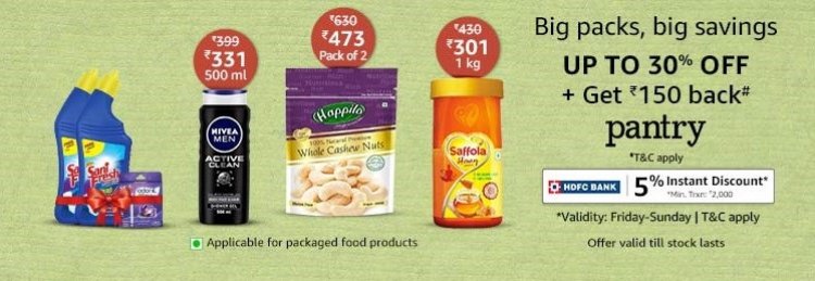 Up to 30% off + Get Rs. 150 back on Amazon Pantry