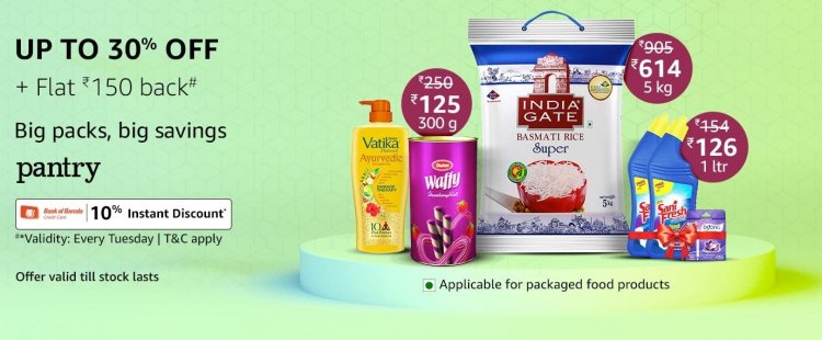 Up to 30% off + Flat Rs. 150 back on Amazon Pantry