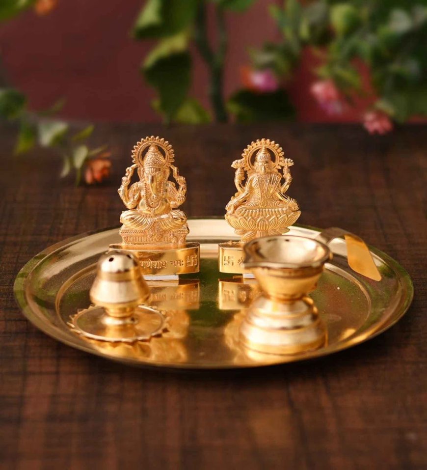 Gold Metal Pooja Thali with Idols, Incense Holder and Diya At just Rs. 219 [MRP 799]