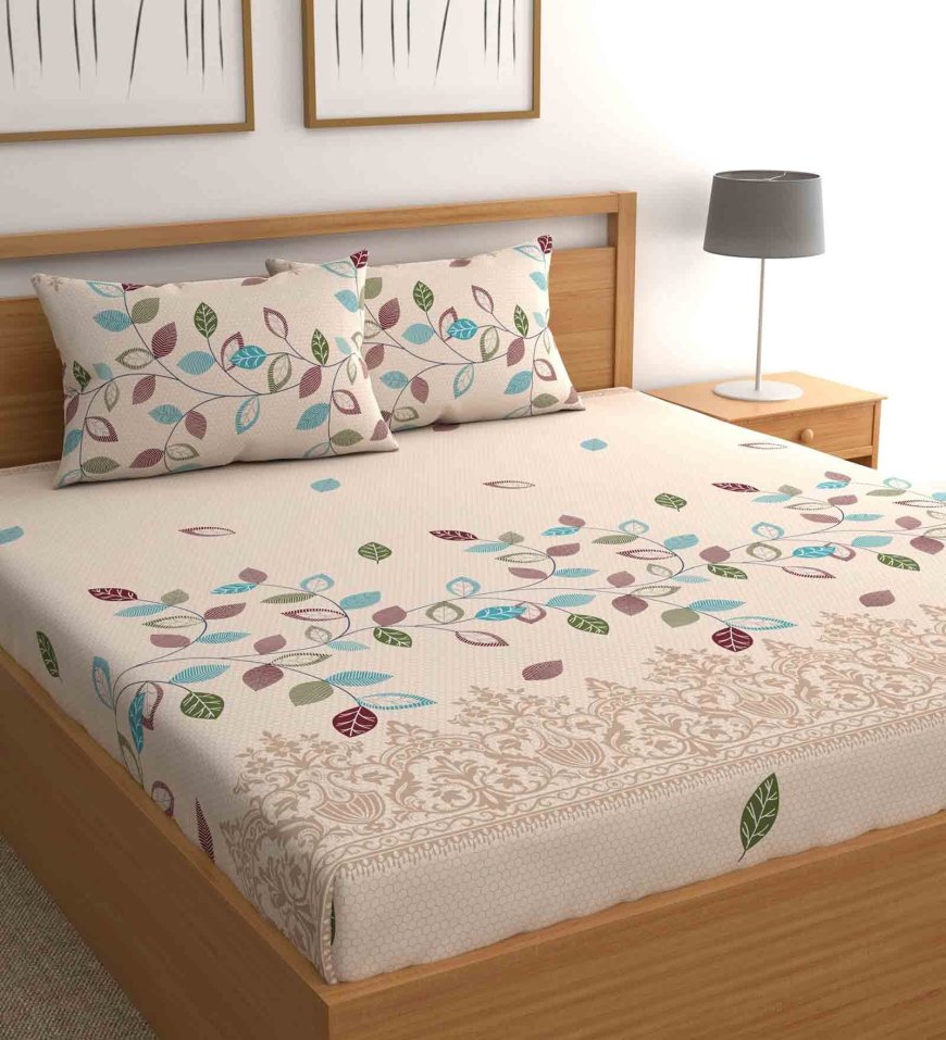 Beige Floral Leafy Microfiber Queen Sized Bedsheet with 2 Pillow Covers At just Rs. 249 [MRP 899]