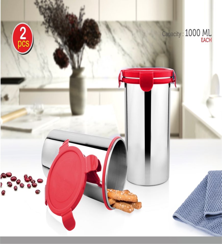 1000ml Red Plastic & Stainless Steel Clip Lock Canister (Set of 2) At just Rs. 299 [MRP 749]