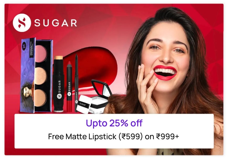 Up to 25% off + Free Lipstick on Rs. 999+ on Sugar Cosmetics