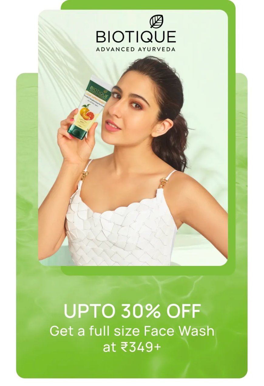 Up to 30% off + Free Face Wash on Rs. 349+ on Biotique products