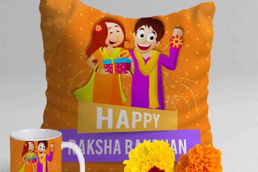 Orange Poly Cotton Rakhi with Cushion Cover and Mug Gift Set At just Rs. 199 [MRP 899]