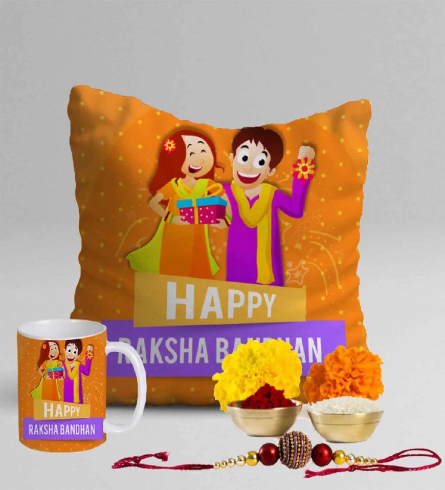 Orange Poly Cotton Rakhi with Cushion Cover and Mug Gift Set At just Rs. 199 [MRP 899]