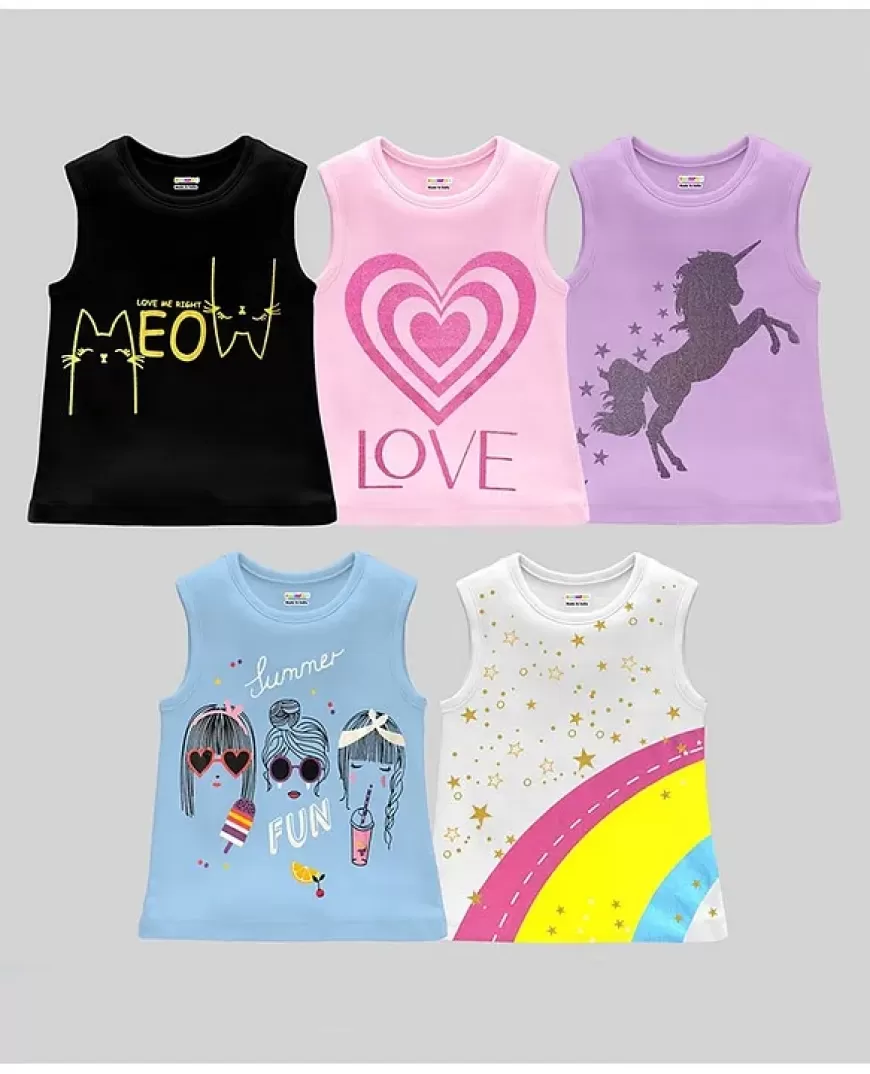 KUCHIPOO Pack Of 5 Sleeveless Unicorn & Rainbow Printed Tees at just Rs. 741 [MRP 1899]