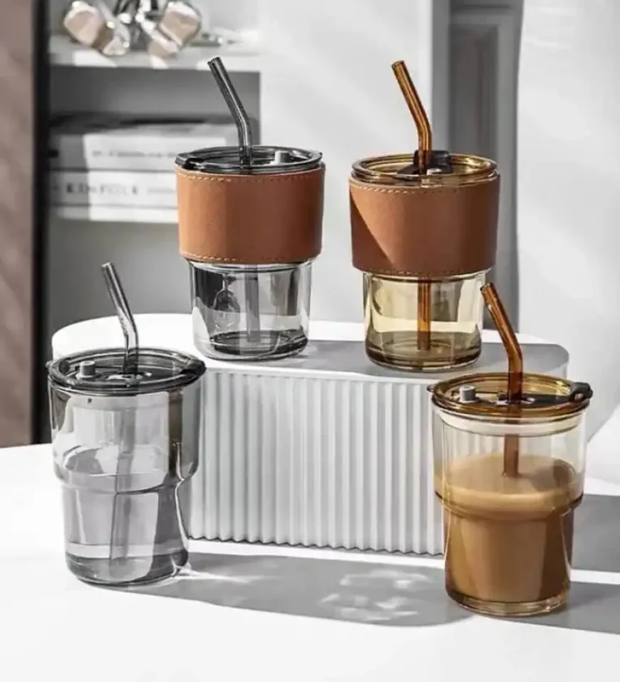 Buy Glass Coffee Tumbler 400ml with Straw & Leather Sleeve at ₹159 – Pepperfry Offer