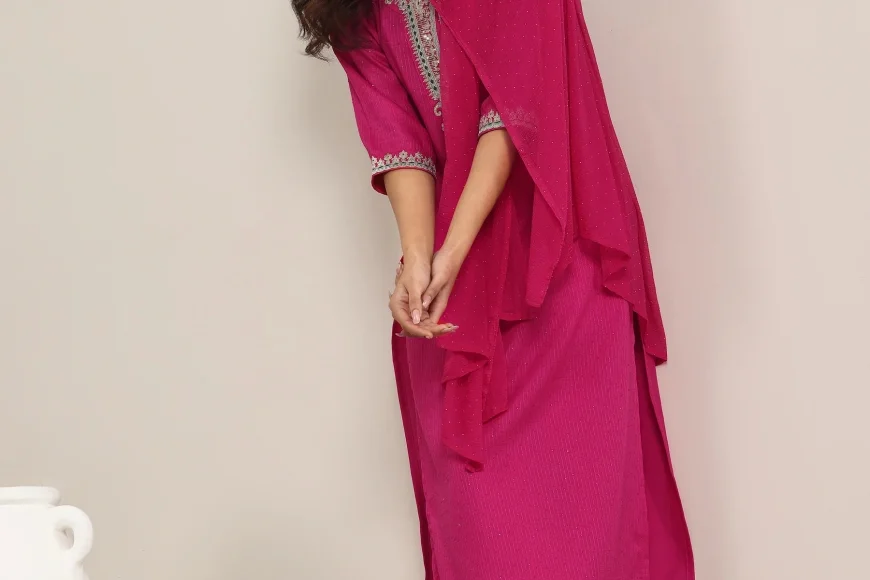 Up to 60% off Pink Silk Blend Suit with Dupatta | Libas