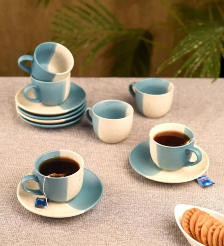 Buy Blue & White Ceramic Tea Cup & Saucer Set (150ml, Set of 6) – Up to 60% Off | Pepperfry