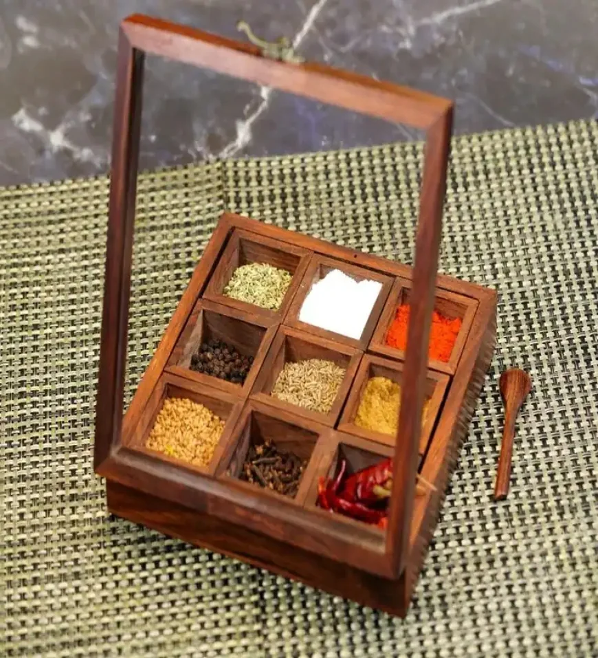 Sheesham Wood Spice Box – 9 Containers at ₹689 | Pepperfry