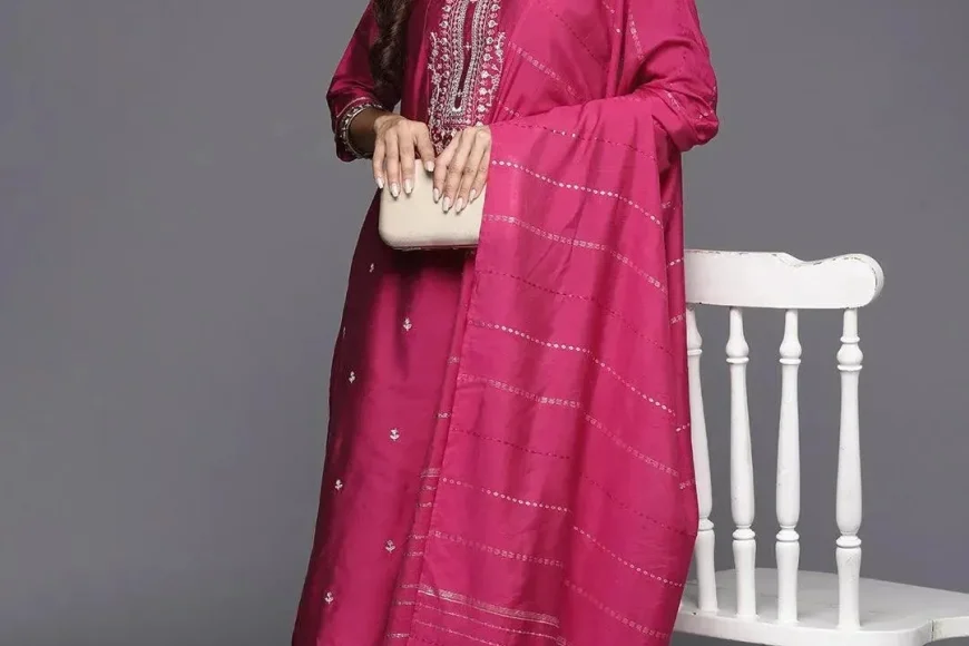 Pink Embroidered Silk Blend Straight Suit with Dupatta Under ₹999 | On Libas