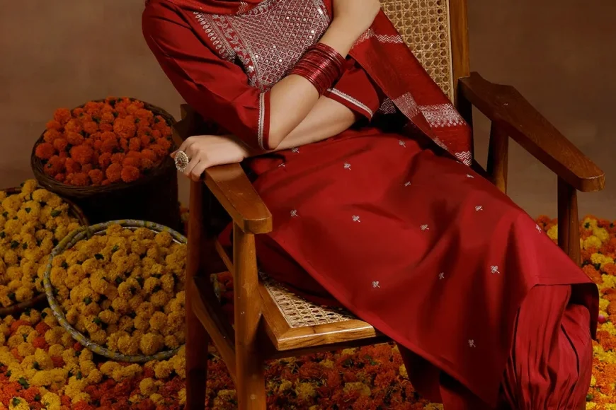 Upto 60% off on Maroon Silk Blend Straight Suit with Dupatta – Shop Libas Now
