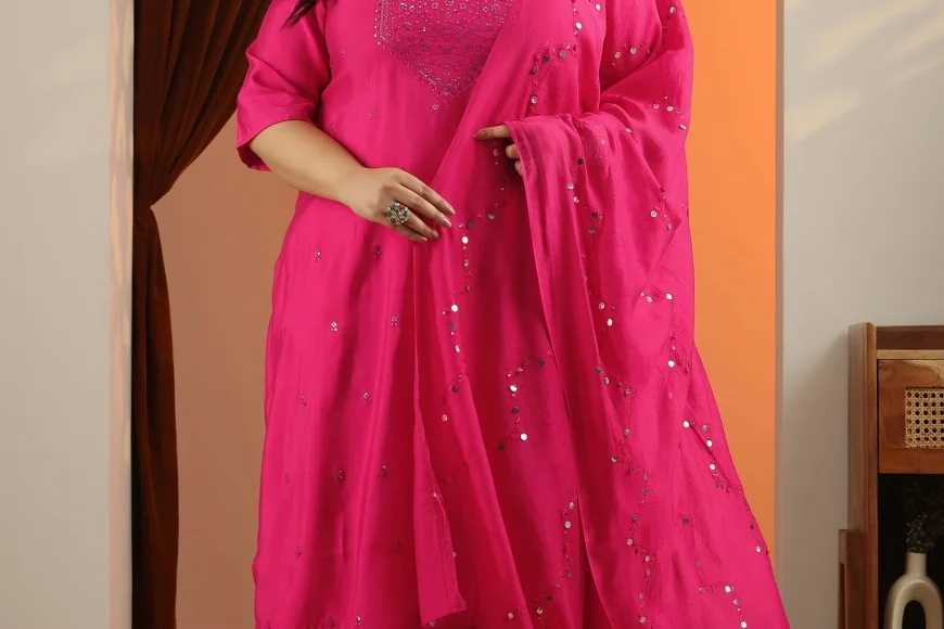 Up to 55% off Plus Size Pink Embroidered Suit Set with Dupatta | Libas