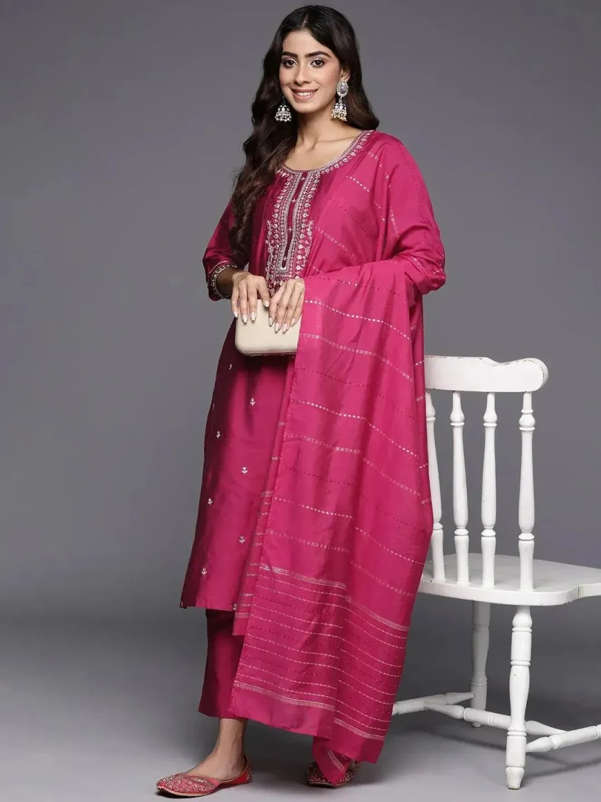 Pink Embroidered Silk Blend Straight Suit with Dupatta Under ₹999 | On Libas