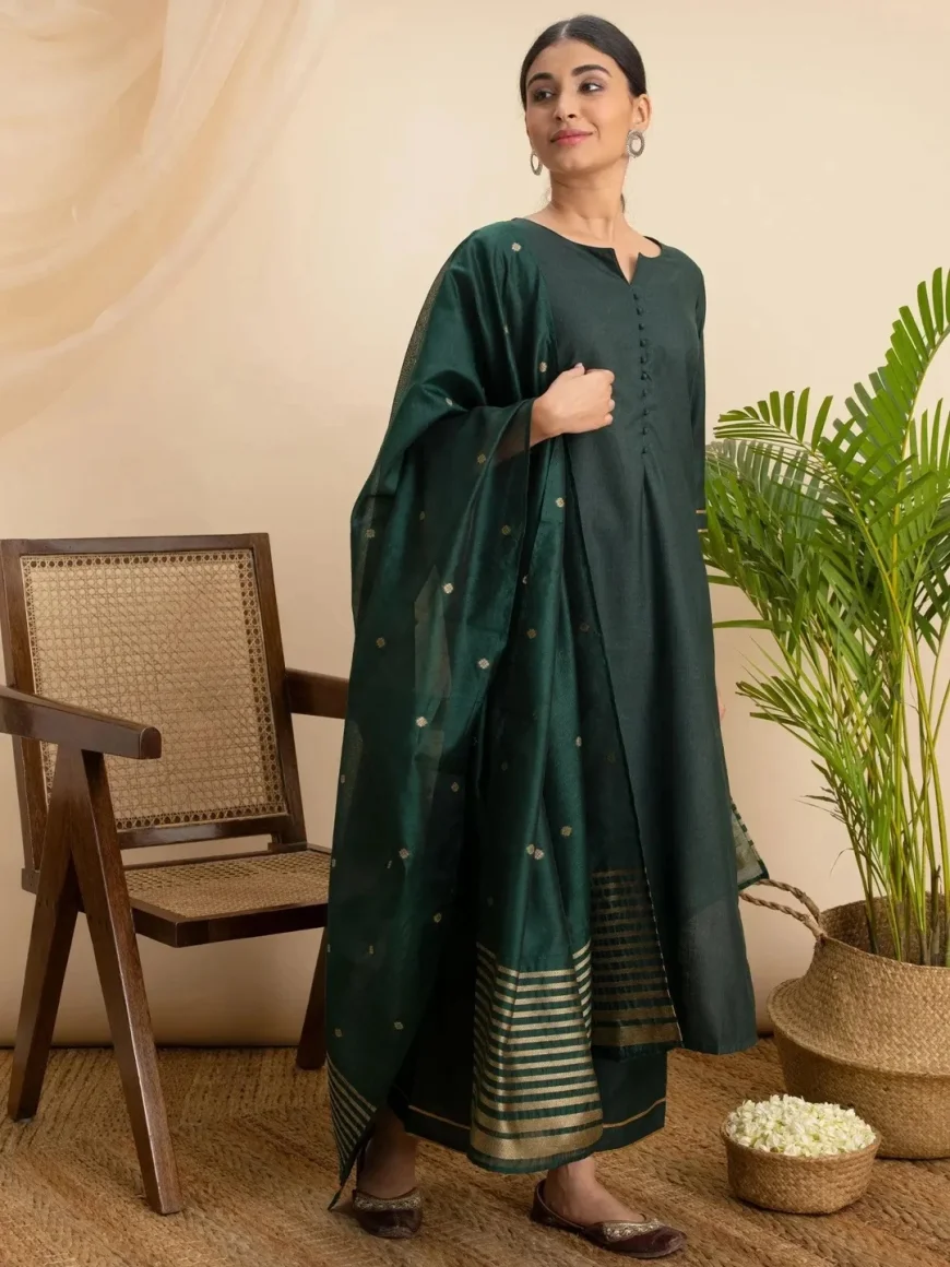 Green Cotton Kurta Set with Palazzos & Dupatta Under ₹999 | Libas Ethnic Wear Deal