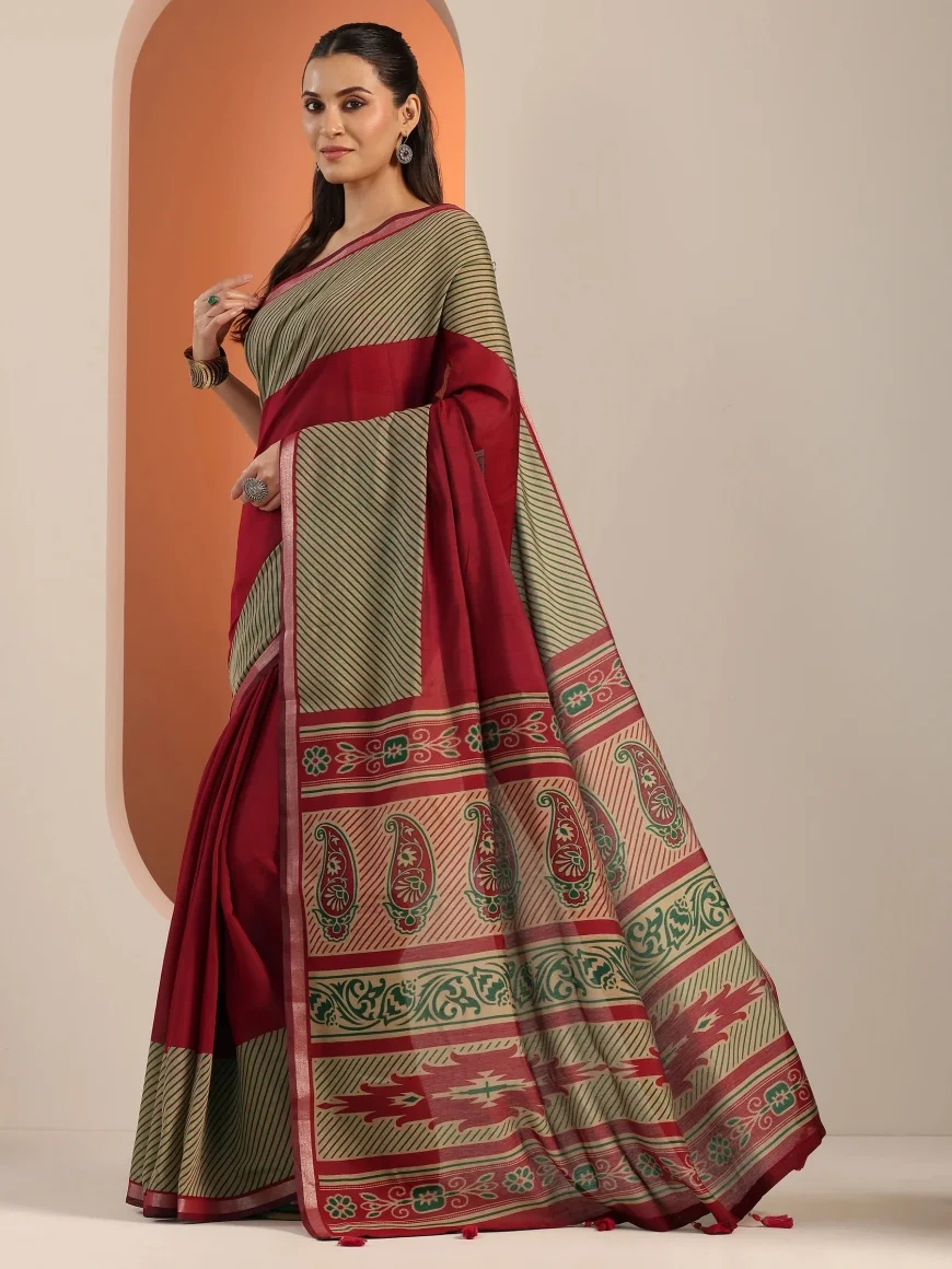 Up to 40% Off Red Cotton Blend Saree | Libas Online
