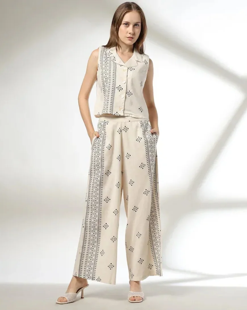 Women’s Printed Shirt & Pants Set (Off-White & Black) Under ₹599 | Buy on JioMart