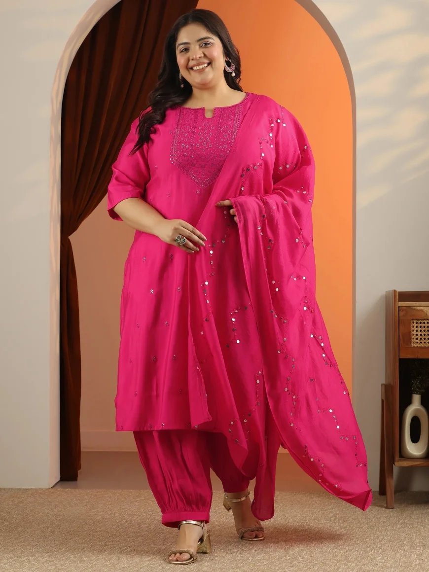 Up to 55% off Plus Size Pink Embroidered Suit Set with Dupatta | Libas