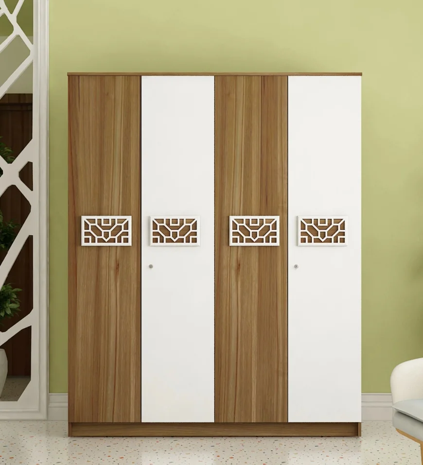 Stylish Castle 4-Door Wardrobe in Lyon Teak & White with Drawer & Locker – Now at ₹28,872 (53% OFF | MRP ₹60,999) on Pepperfry!